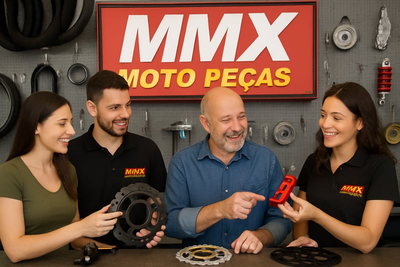 Equipe da MMX MOTO PECAS atendendo clientes e mostrando peças de motocicleta.