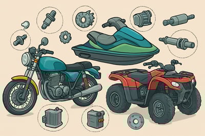 Ilustração de motocicleta, jet ski e quadriciclo com peças em destaque